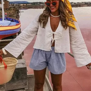 Women's Summer Shirts Fashionable V-Neck Front Tie Long Sleeve Shirt Casual Loose Bell Sleeve Tie Top Shirt