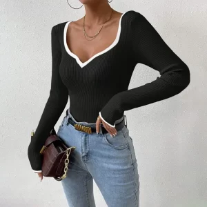 Women's Fashionable Pullover Sweater Temperament V-neck Knitted Solid Color Versatile Long Sleeved Autumn Long Sleeved Top