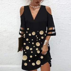 Summer New Style Mini Dress V Neck Hollow Out Mesh Patchwork Casual Dresses Fashion Print Beach Party Dresses Women Clothing