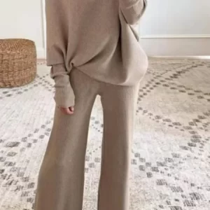 Women's Autumn Winter Knitted Long-sleeved Set Casual Solid Color Fashionable One-shoulder Off-shoulder Knitted Two-piece Set