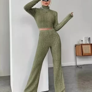 Fashionable Knitted Long-sleeved Turtleneck Sexy Waist Suit Spring Women's Hoodie Loose Long-sleeved Trousers Two-piece Set