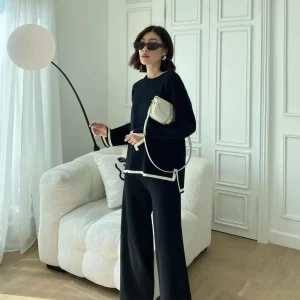 Fashion Knitted Suit Autumn Women's Contrasting Color Slit Long-sleeved Knitted Sweater High-waisted Wide-leg Pants 2-piece Set